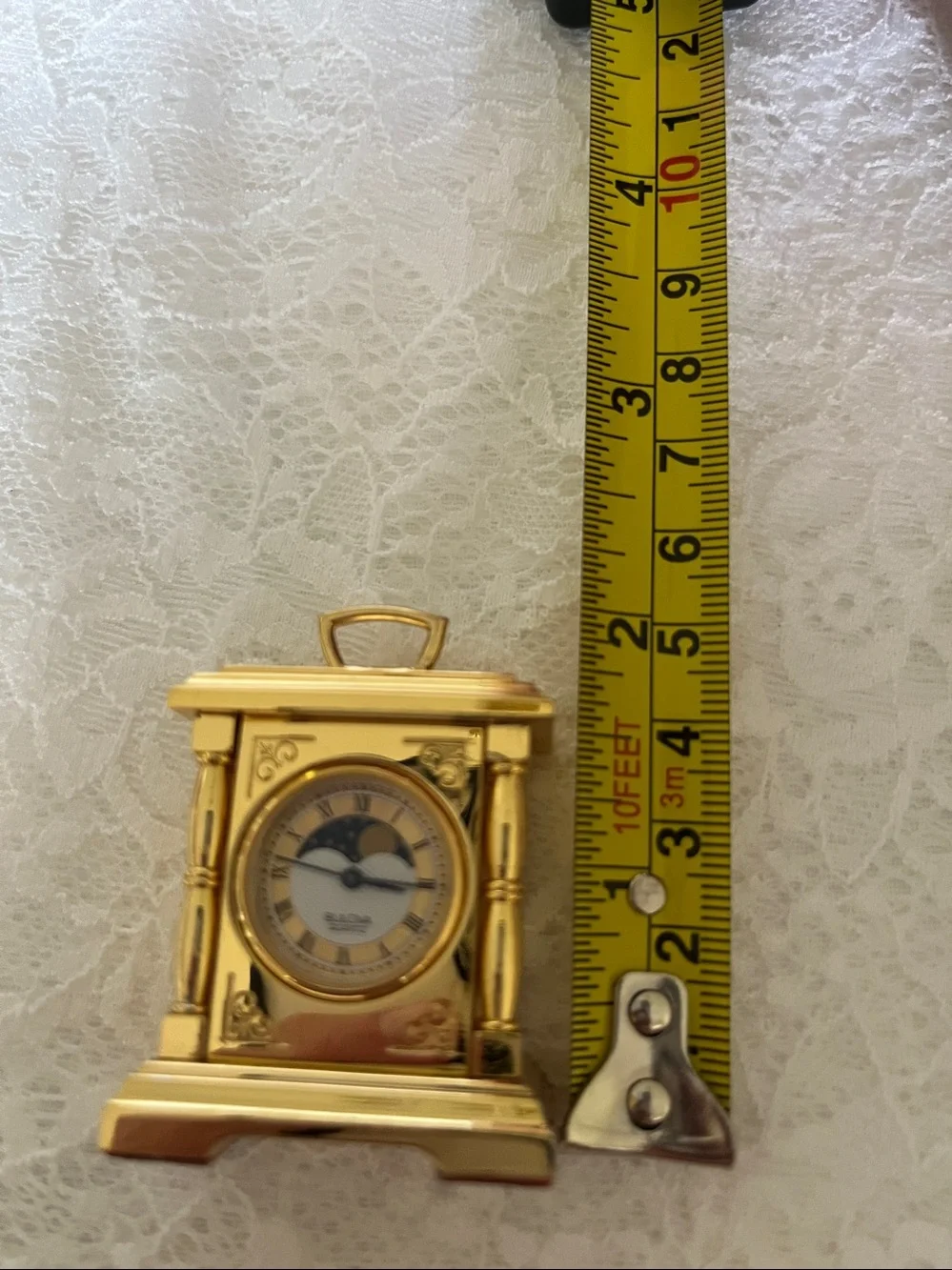 Vintage 1988 Bulova Gold Tone Carriage Mantel Clock with Moon Phase Dial